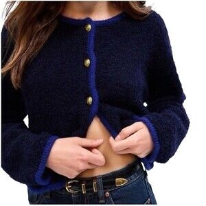 GAP Cropped Boucle Cardigan Sweater Jacket Size S Petite Blue Gold Crest Preppy